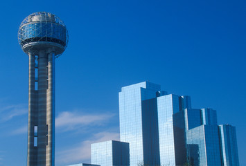 Skyline of Dallas, TX with Reunion Tower and Hyatt Hotel