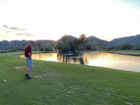 Man Golfer Mountains Lagoon Sunset Tee Box