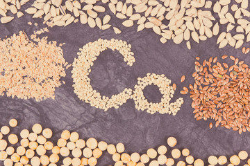 Inscription Ca with healthy nutritious eating containing calcium, minerals, vitamins and fiber