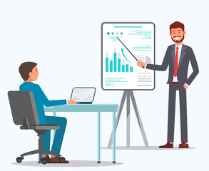 Fototapeta premium Man Sits Table and Man with Pointer Points Chart. Businessman in Business Suit. Vector Illustration. Explore Workflow. Recruitment Agency. Management and Organization. Be Leader. Carry Report.