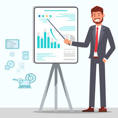 Manager Making Presentation Vector Illustration. Banker, Stock Broker, Finance Expert Analysing Graphs, Statistics on Board. Cartoon Analyst Presenting Report, Growth Rates Using Pointer