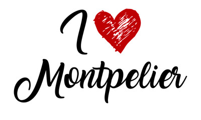 I Love Montpelier Creative Cursive Typographic Template with red heart.