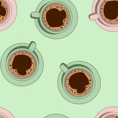 Coffee cups seamless vector pattern. Morning cafe or restaurant breakfast. Vector texture background wallpaper tile.