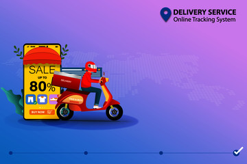 Concept of delivery service with online tracking system, man driving scooter near smartphone.  The display contain discount rate, list of products, customer review in pastel background.