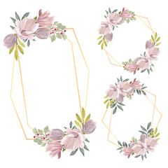Set of watercolor magnolia flower frame border