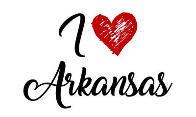 I Love Arkansas Creative Cursive Typographic Template with red heart.