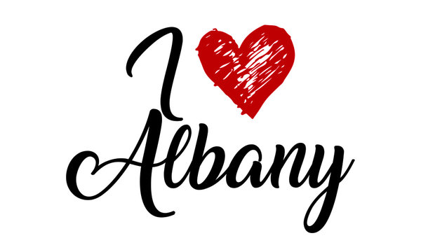 I Love Albany Creative Cursive Typographic Template with red heart.