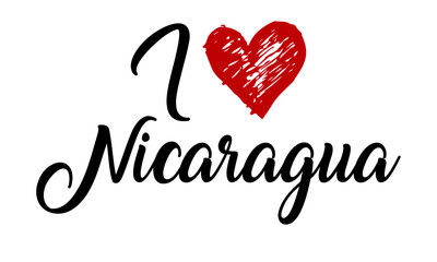 I Love Nicaragua Handwritten Cursive Typographic Template with red heart.