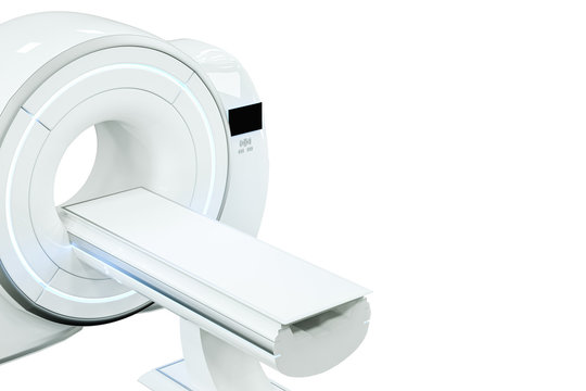 MRI machine, magnetic resonance imaging machine isolated on white background. Concept medicine, technology, future. 3D rendering, 3D illustration, copy space.