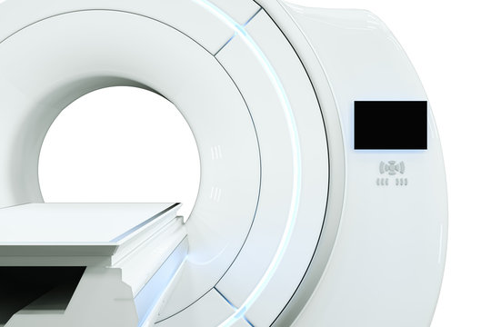 MRI machine, magnetic resonance imaging machine isolated on white background. Concept medicine, technology, future. 3D rendering, 3D illustration, copy space.