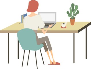 女性　デスクワーク　テレワーク　リモートワーク　ビジネス　自宅　ベクター　ノートパソコン　イラス