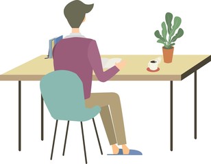 男性　デスクワーク　読書　勉強　オフィス　自宅　ベクター　イラスト