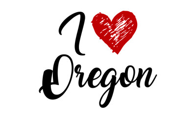 I Love Oregon Handwritten Cursive Typographic Template with red heart.