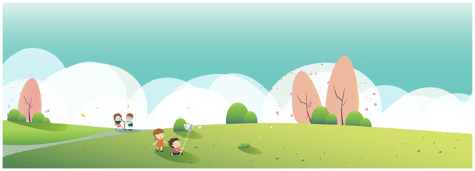 Art & Illustration People relaxing in nature in spring or summer time at the park.Banner of spring .Family outing to the park or picnic.Kid ,butterfly and apple flower blossom. 