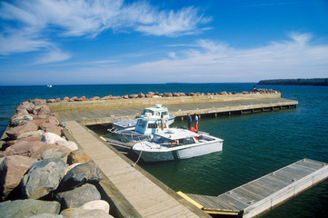 Boat in water on Lake Superior, Apostle Islands, Red Cliff, WI