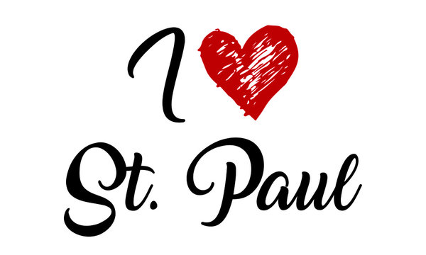 I Love St. Paul Handwritten Cursive Typographic Template with red heart.