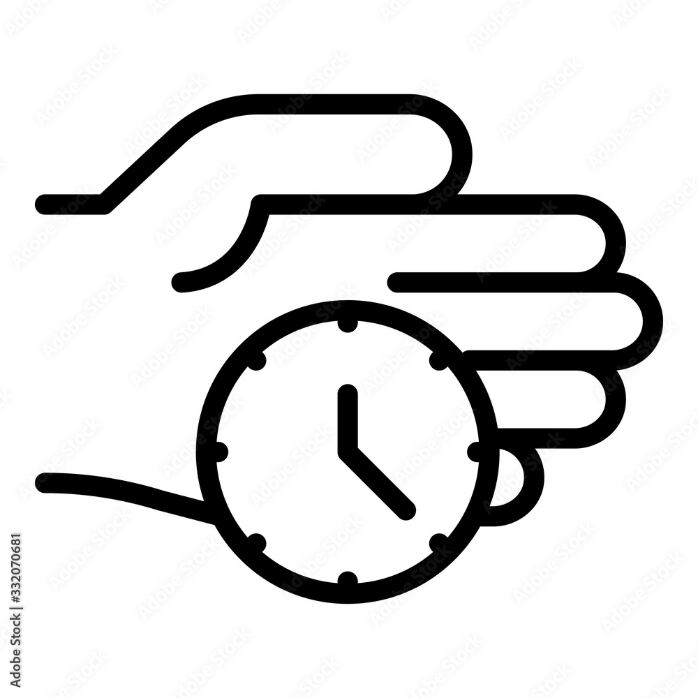 Poster clock on the palm icon. outline clock on the palm vector icon for web design isolated on white backg