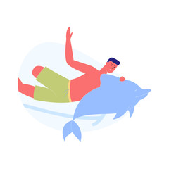 Fototapeta premium Man with Amputated Leg Swim Under Water with Dolphin. Rehabilitation, Communication with Animals. Comfortable Rest and Effective Treatment, Dolphin Therapy Process. Cartoon Flat Vector Illustration