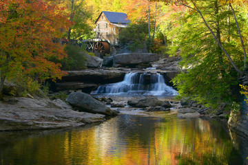 Glade Creek Grist Mil and autumn reflections and water fall in Babcock State Park, WV © spiritofamerica