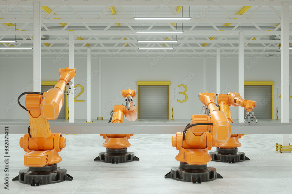 Poster automatic assembly line. orange robot arm manipulator with empty conveyor belt. technology concept, 