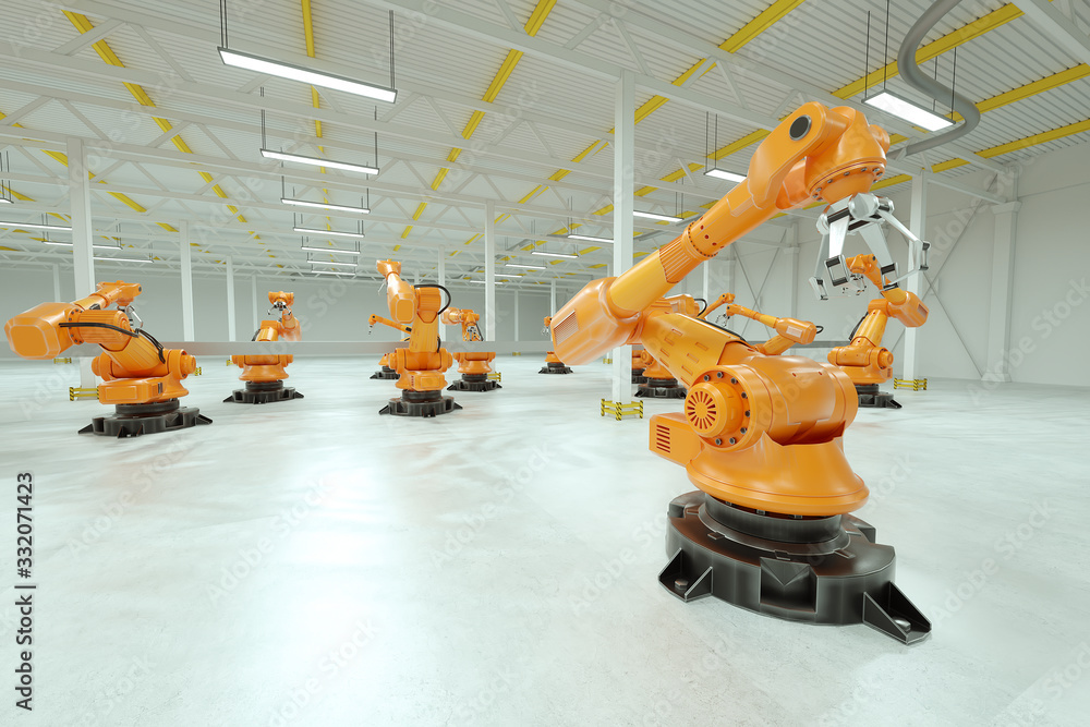 Poster automatic assembly line. orange robot arm manipulator with empty conveyor belt. technology concept, 