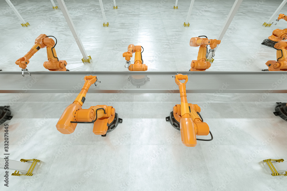 Poster automatic assembly line. orange robot arm manipulator with empty conveyor belt. technology concept, 