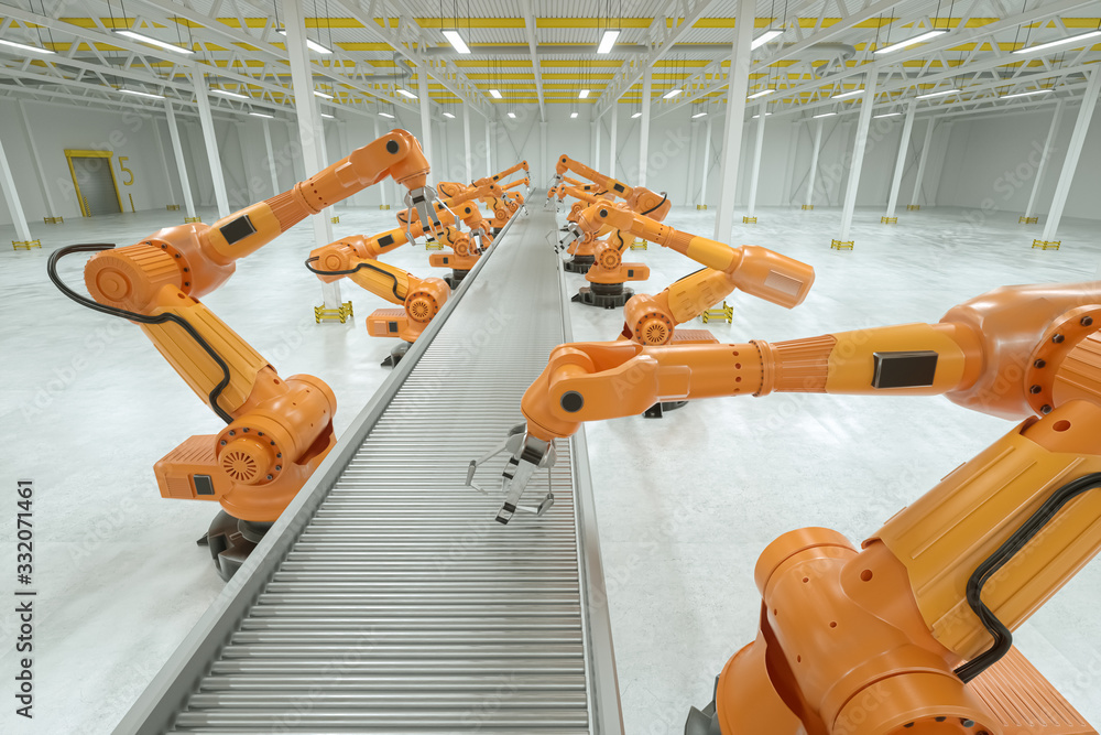 Poster automatic assembly line. orange robot arm manipulator with empty conveyor belt. technology concept, 