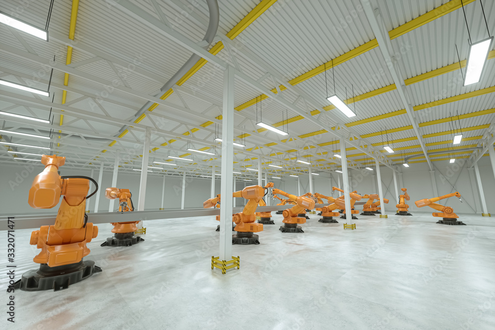 Poster automatic assembly line. orange robot arm manipulator with empty conveyor belt. technology concept, 