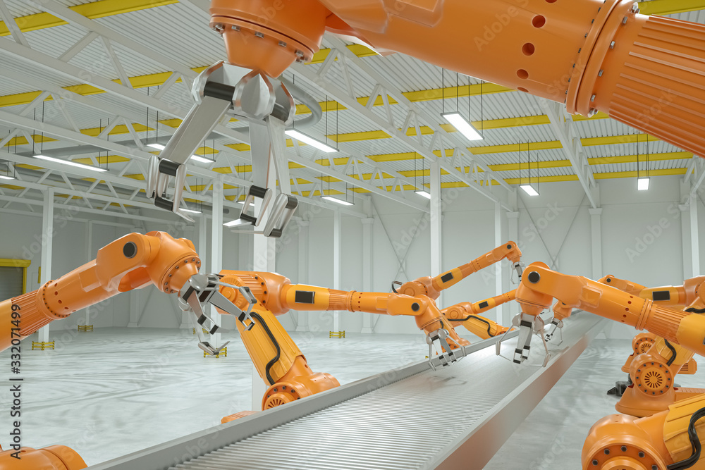Poster automatic assembly line. orange robot arm manipulator with empty conveyor belt. technology concept, 