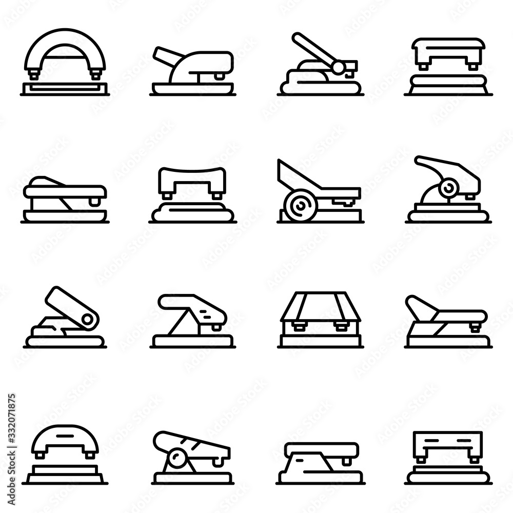 Poster hole puncher icons set. outline set of hole puncher vector icons for web design isolated on white ba