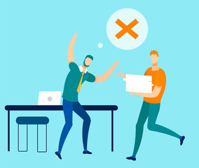 Two Office Workers. Misunderstanding, Disagree and Forbiddingness. Stressed Executive Manager with Raised Hands. Coworker Carries Box. Not Allow Sign. Incorrect Work. Vector Flat Cartoon Illustration