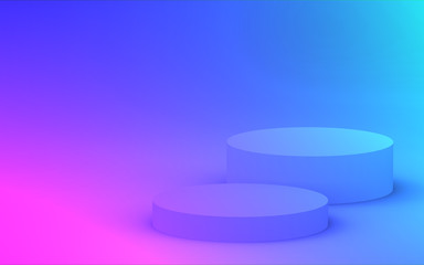 3d purple blue neon light cylinder podium minimal studio gradient dark colors background. Abstract 3d geometric shape object illustration render. Display for nightclub party and technology product.