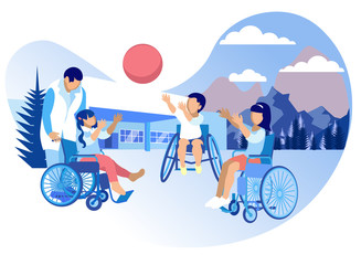 Rehabilitation and Adaptation for Children Cartoon. Rehabilitation Physical, Well as Psychological and Pedagogical Directions. Children in Wheelchairs Play Ball in Street. Vector Illustration.