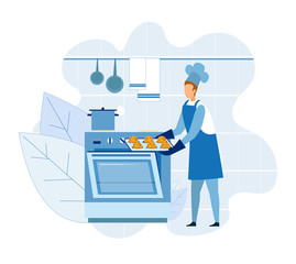 Cartoon Baker Master Chef Character in Apron and protective Gloves Cooking, Taking Stove out Cupcakes or Muffins Sweet Dessert on Flat Baking Sheet. Flat Vector Kitchen Interior Cutout Illustration