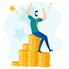 Rich Happy Businessman Sitting on Gold Coin Stack. Business Success, Financial Profit and Wealth Vector Illustration. Flat Cartoon Office Man Character Enjoy Finance Victory. Stars on Backdrop