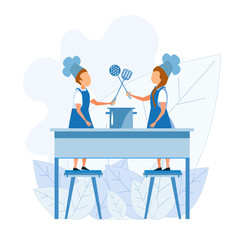 Little Chefs Holding Crossed Turner and Perforated Spoon in Hands. Boy and Girl in Cooks Uniform Standing on Stools. Boiling Pot on Table. Cartoon Children Helpers on Kitchen. Vector Flat Illustration