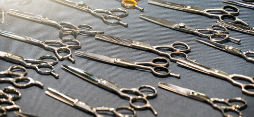 Set of professional scissors at the hairdresser	