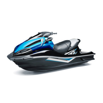 Blue and Black Jet Ski Isolated on White Background. Side View of Water Scooter. PWC Personal Water Craft Vehicle. Recreational Watercraft. 3D Rendering