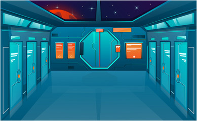 Spaceship corridor with closed doors. Vector cartoon background futuristic interior room. Space outside. Cosmos vector game