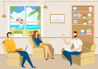 Office Interior. Business Meeting. Vector Illustration. Teamwork in Office. Woman Sitting in Chair. Man Work at Laptop. Office Overlooking Beach. People Discussing in Office. Business Meeting.