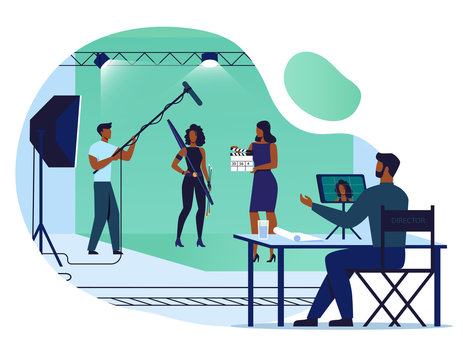 Movie Making Process Flat Vector Illustration. Director, Actress And Sound Engineer Cartoon Characters. Film Production, Shooting Set, People On Green Screen Background. Entertainment Industry