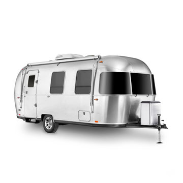 Glamping Travel Trailer Isolated on White Background. Camping and Traveling Towed Recreational Vehicle. Side View of Stainless Steel Motorhome. Modern Caravan Car. Holiday Trip 3D Rendering