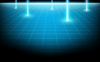 Vector perspective 3d mesh plane with grid line on dark background. pillar light thought surface spread.