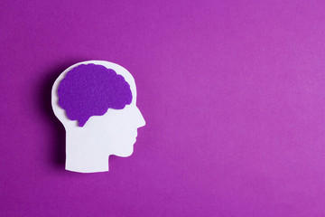 Head silhouette with a purple brain on purple background with copy space. 