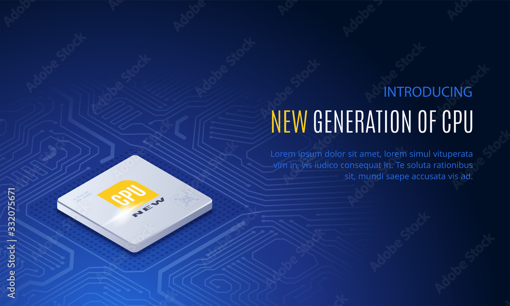 Poster isometric vector image on a blue background, cpu on a printed circuit board, presentation of a new c