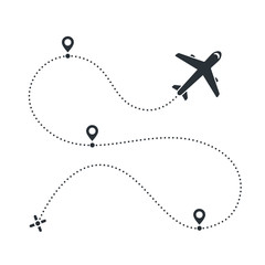 flat vector image on a white background, airplane icon and the path that he flew with location icons