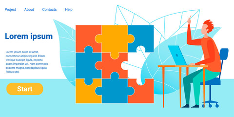 Project Completion Flat Landing Page Template. Jigsaw Puzzle with Missing Piece. Manager, Creative Employee with Raised Index Finger Having Idea. Cartoon Office Worker Suggesting Final Plan