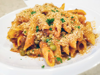 Seafood tagliatelle cream sauce and vegetables