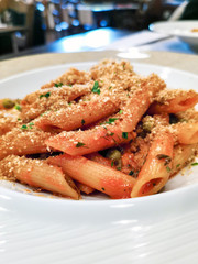 Seafood tagliatelle cream sauce and vegetables