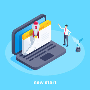 isometric vector image on a blue background, a rocket taking off from a laptop screen and a man pointing to it, startup